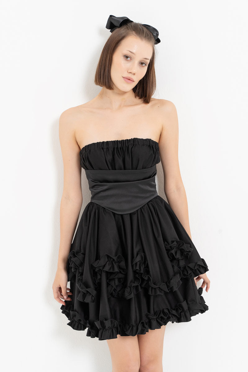 Black Corset Detail Strapless Ruffled Dress