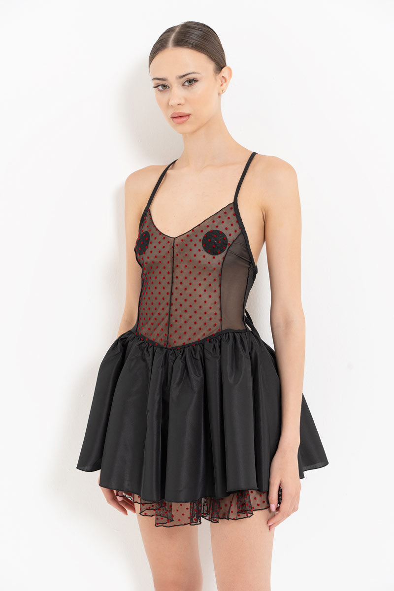 Black Cross-Back Tie Red Polka Dot Tulle Dress