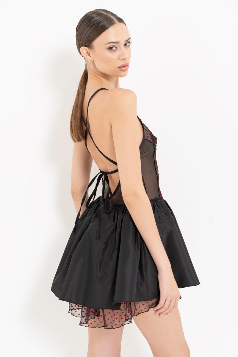 Black Cross-Back Tie Red Polka Dot Tulle Dress