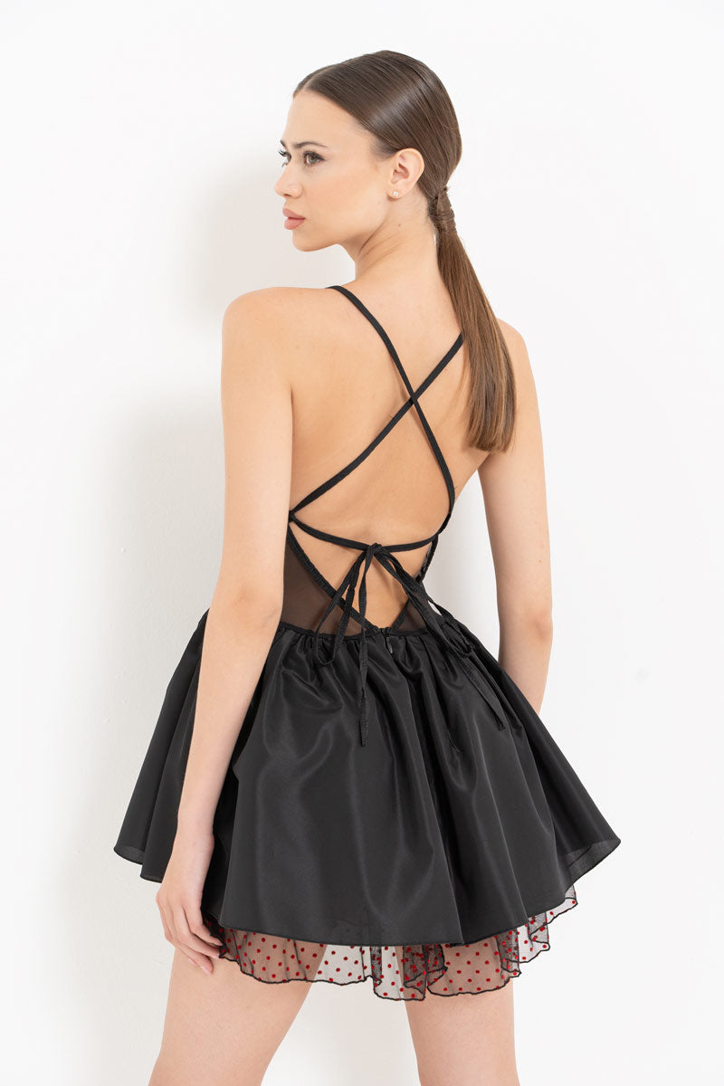 Black Cross-Back Tie Red Polka Dot Tulle Dress