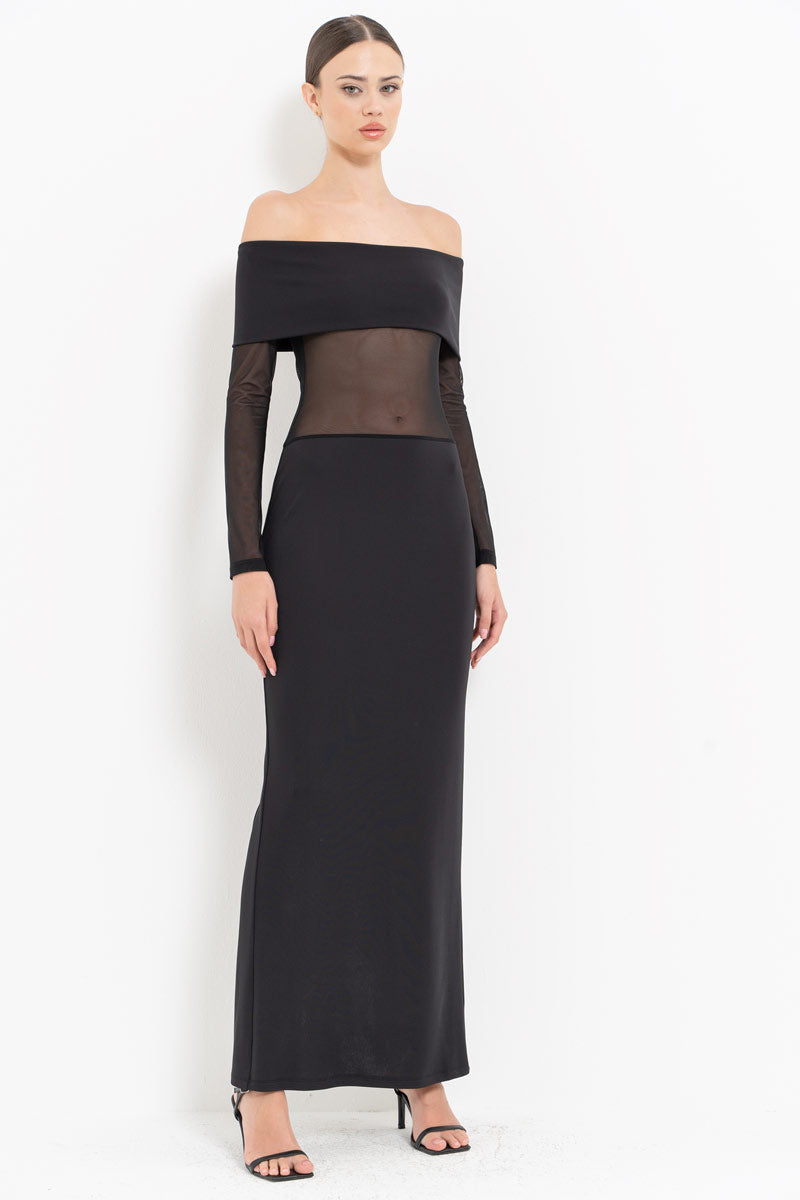 Black Sheer Detail Bardot Maxi Dress