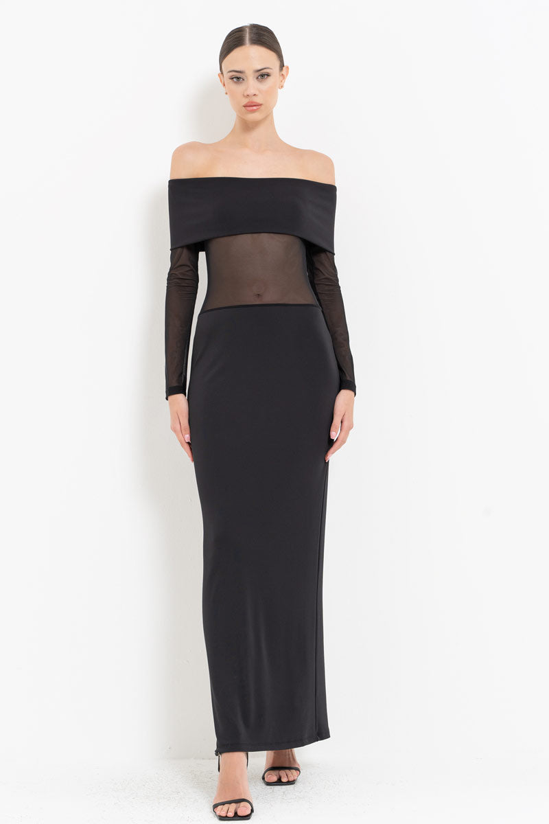 Black Sheer Detail Bardot Maxi Dress