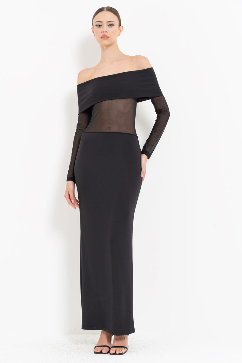 Black Sheer Detail Bardot Maxi Dress