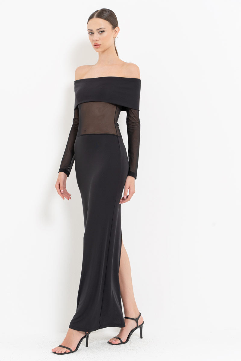 Black Sheer Detail Bardot Maxi Dress