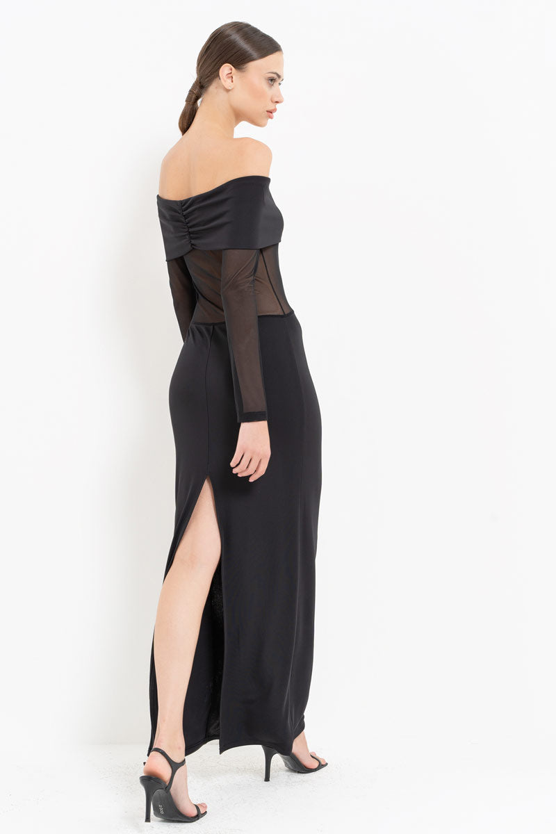 Black Sheer Detail Bardot Maxi Dress