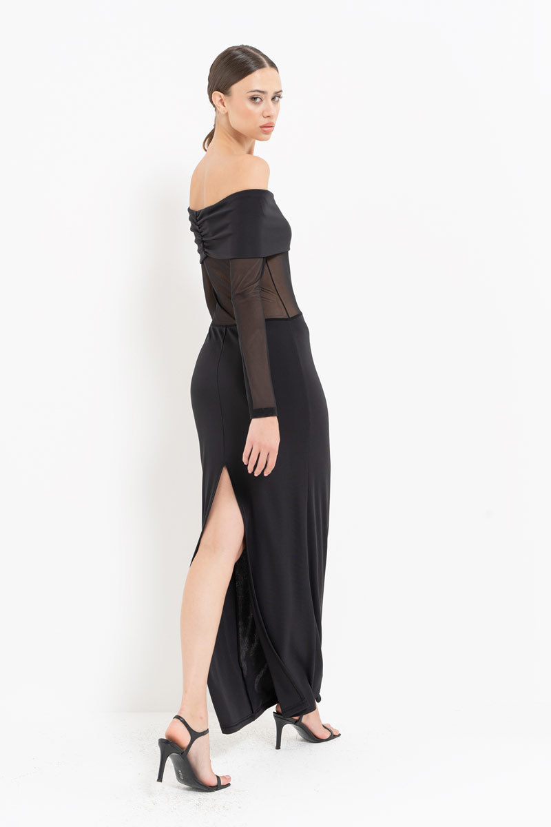 Black Sheer Detail Bardot Maxi Dress