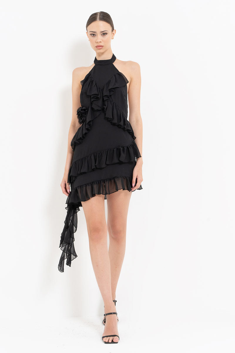 Black Ruffle Detail Open-Back Dress