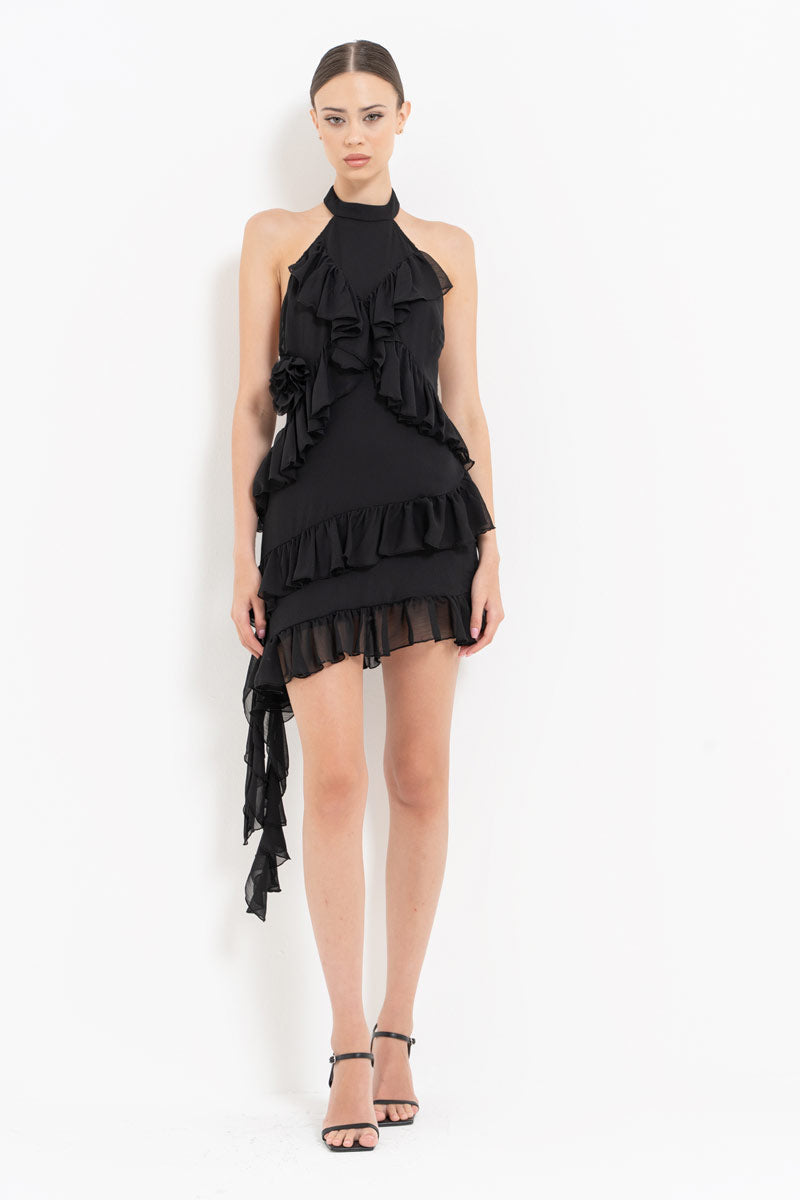 Black Ruffle Detail Open-Back Dress
