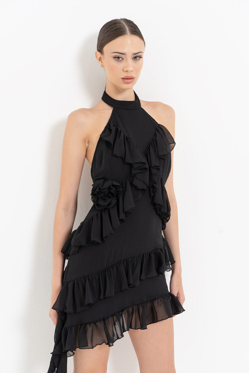 Black Ruffle Detail Open-Back Dress