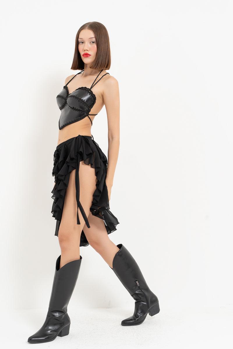 Handwoven Black Leather Heart Bustier with Cross-Tie Detail