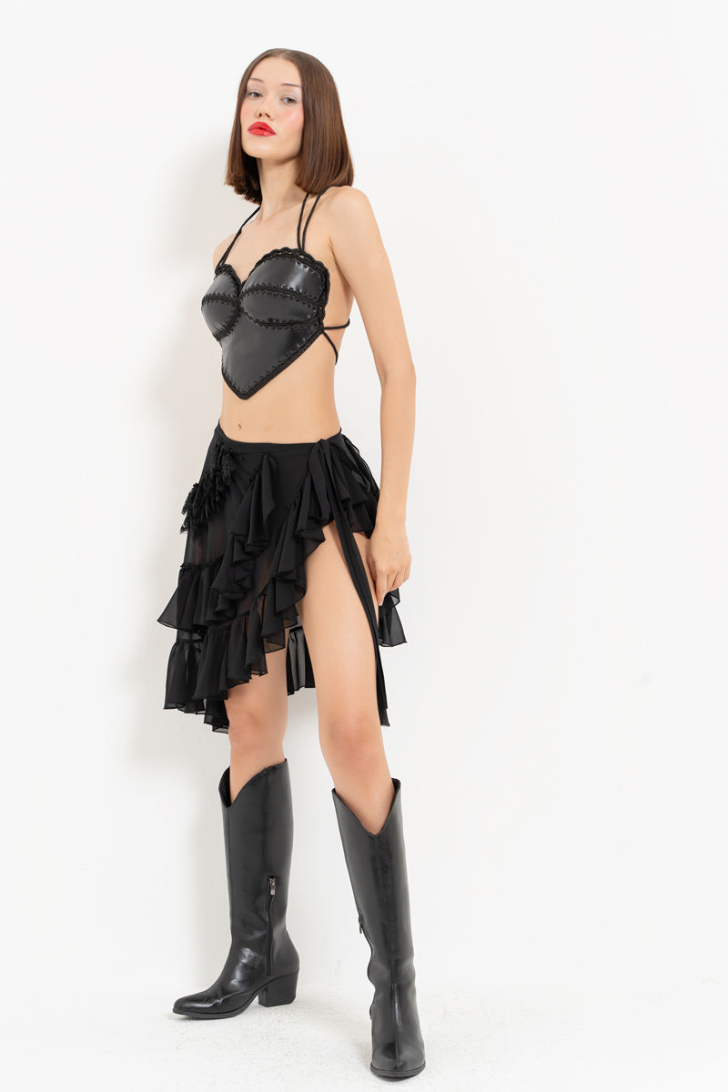 Handwoven Black Leather Heart Bustier with Cross-Tie Detail