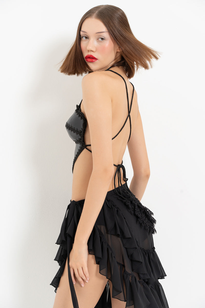 Handwoven Black Leather Heart Bustier with Cross-Tie Detail