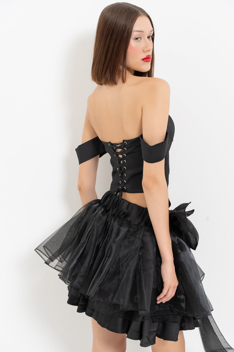 Black Sleeve Detail Cross-Tie Bustier