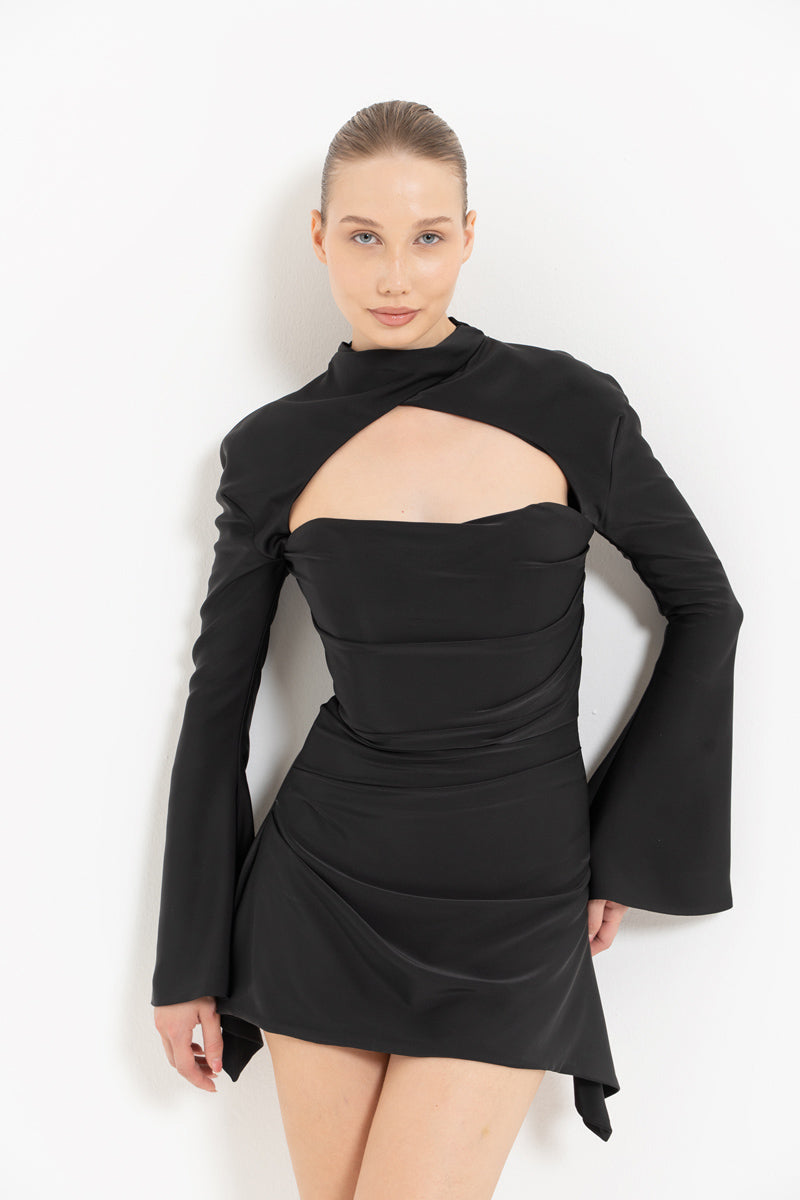 Black Cut-Out Detail Satin Mini Dress