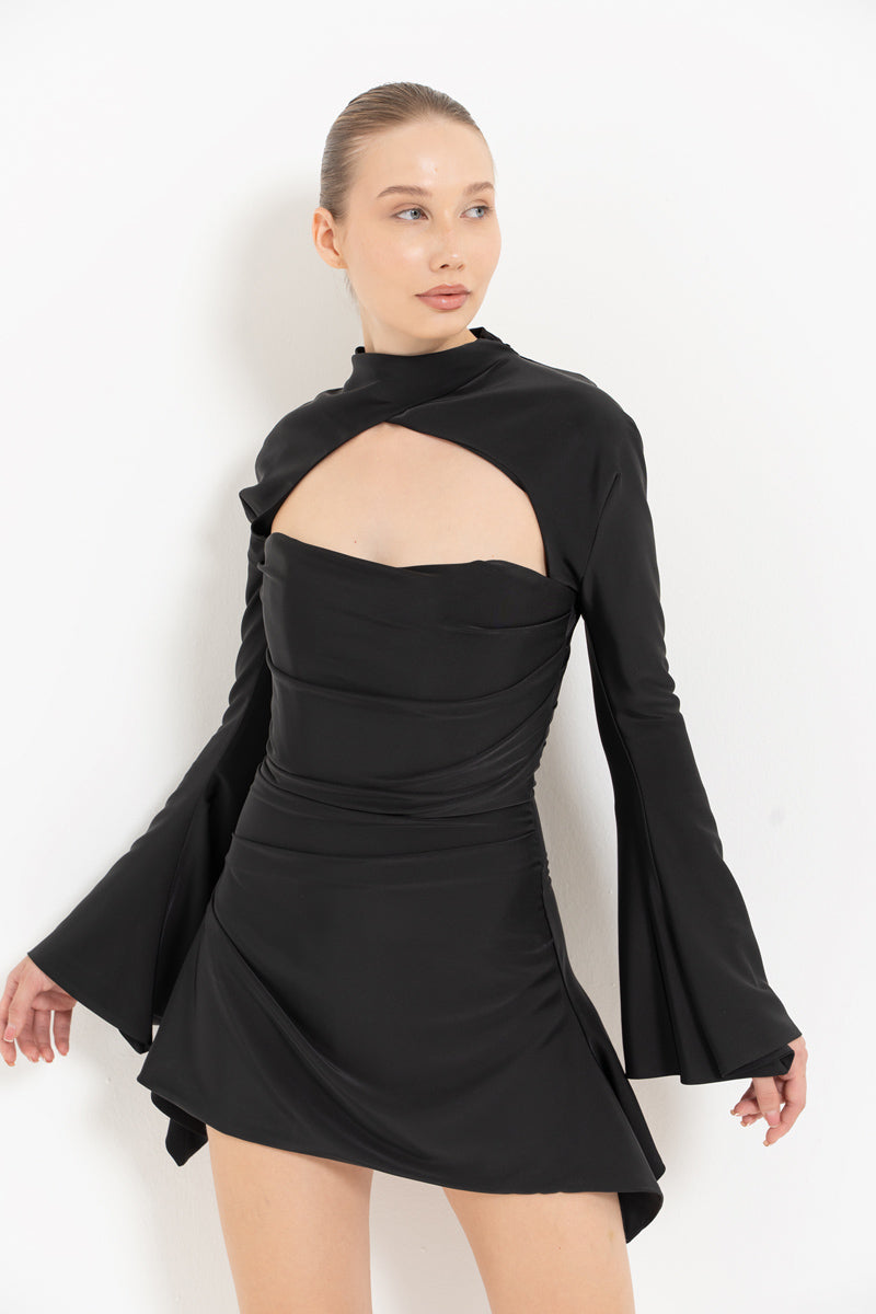 Black Cut-Out Detail Satin Mini Dress