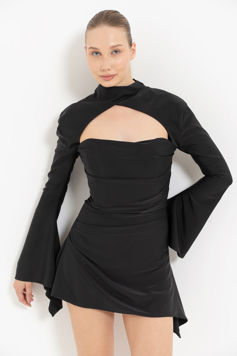Black Cut-Out Detail Satin Mini Dress