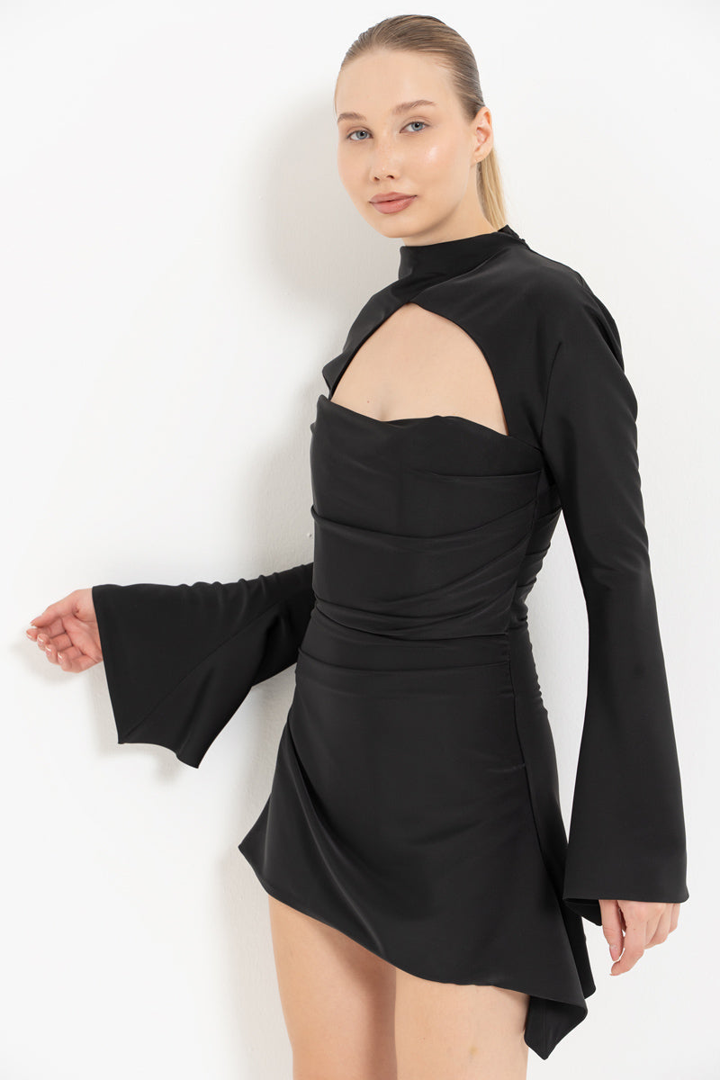 Black Cut-Out Detail Satin Mini Dress
