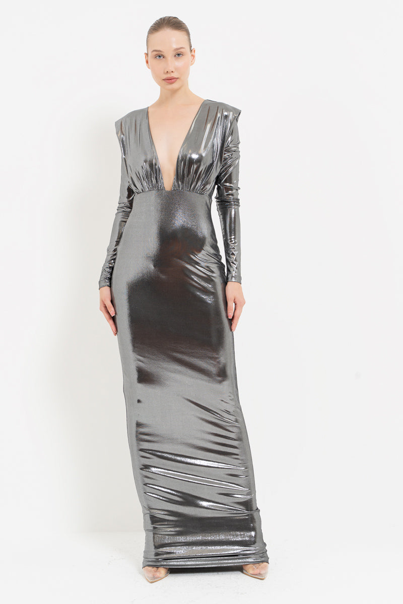 Silver V-Neck Cut-Out Shimmer Maxi Dress
