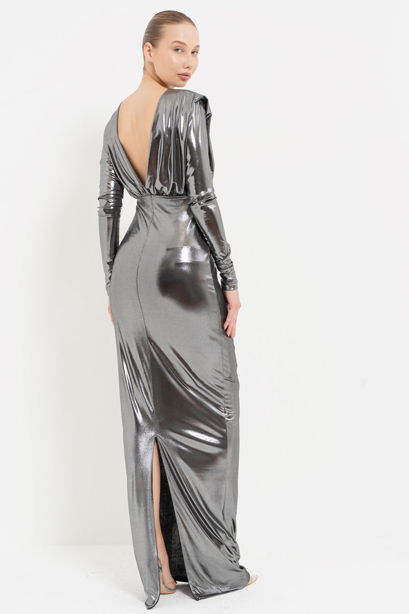 Silver V-Neck Cut-Out Shimmer Maxi Dress