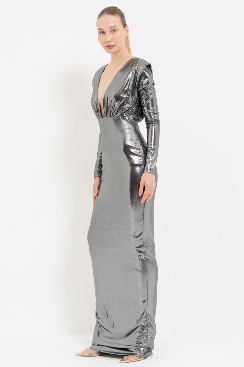 Silver V-Neck Cut-Out Shimmer Maxi Dress