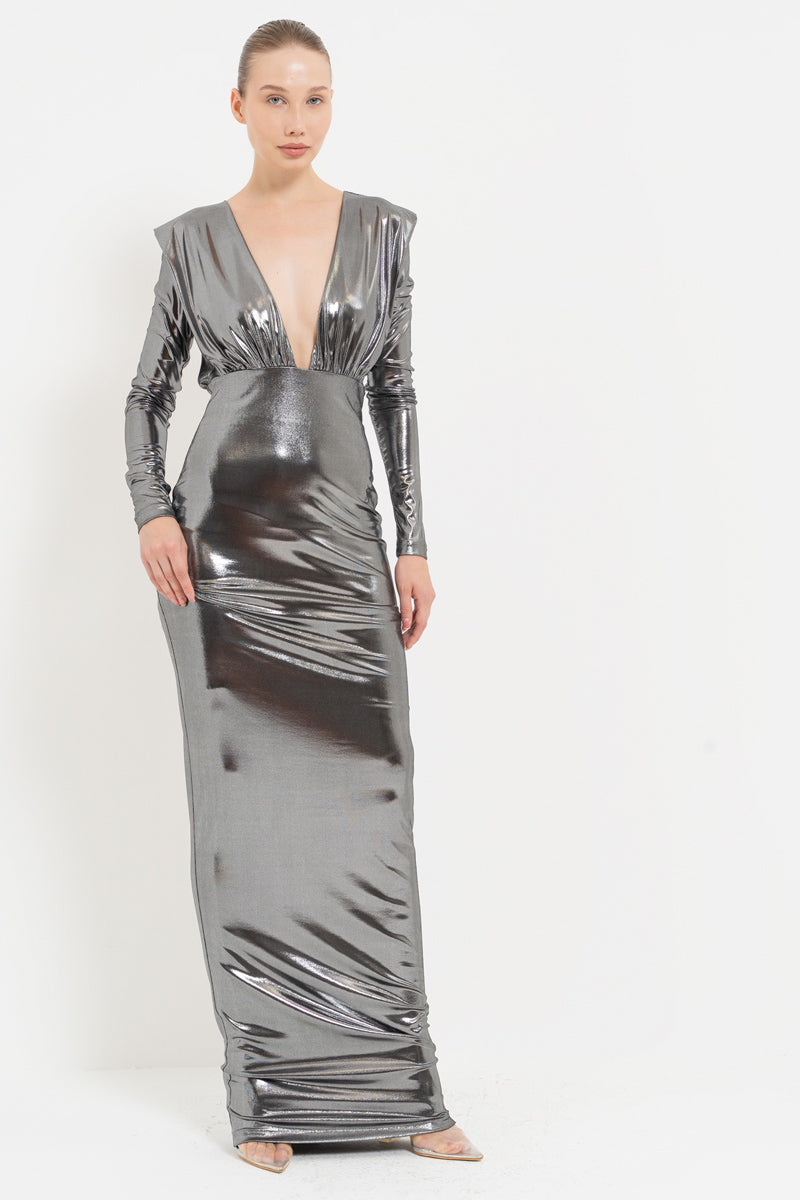 Silver V-Neck Cut-Out Shimmer Maxi Dress
