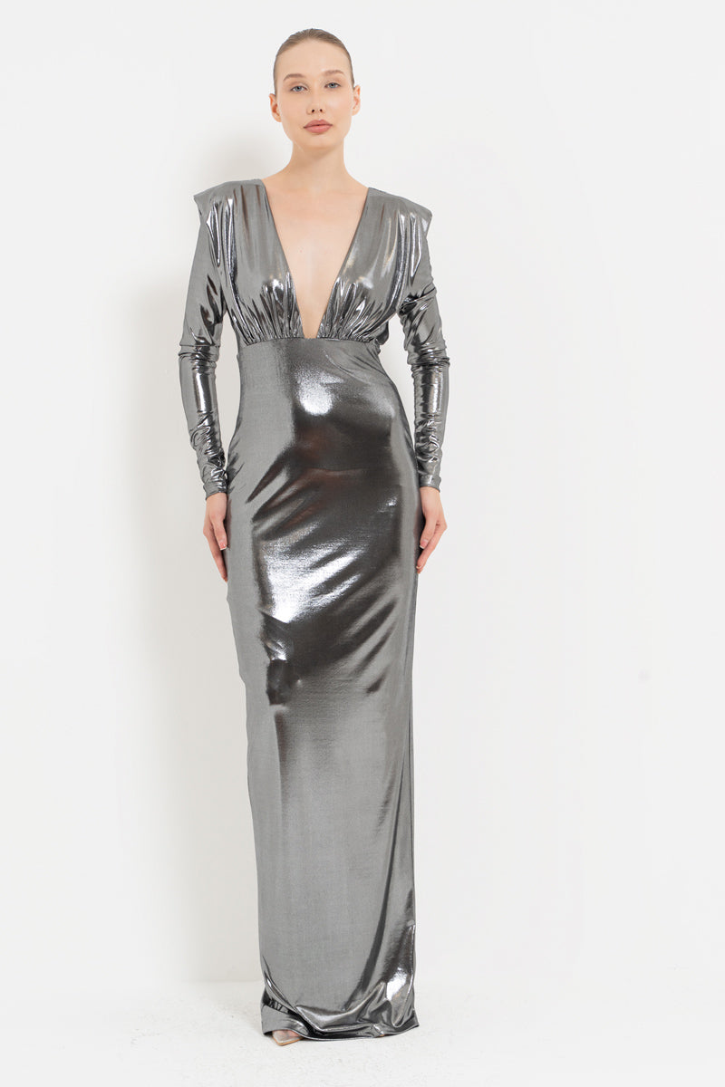 Silver V-Neck Cut-Out Shimmer Maxi Dress