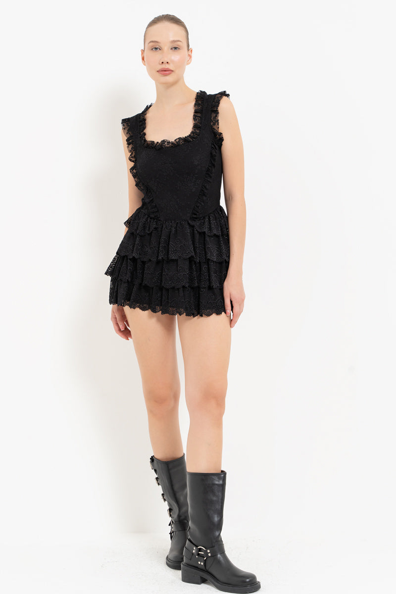 Black Sleeveless Ruffled Lace Mini Dress