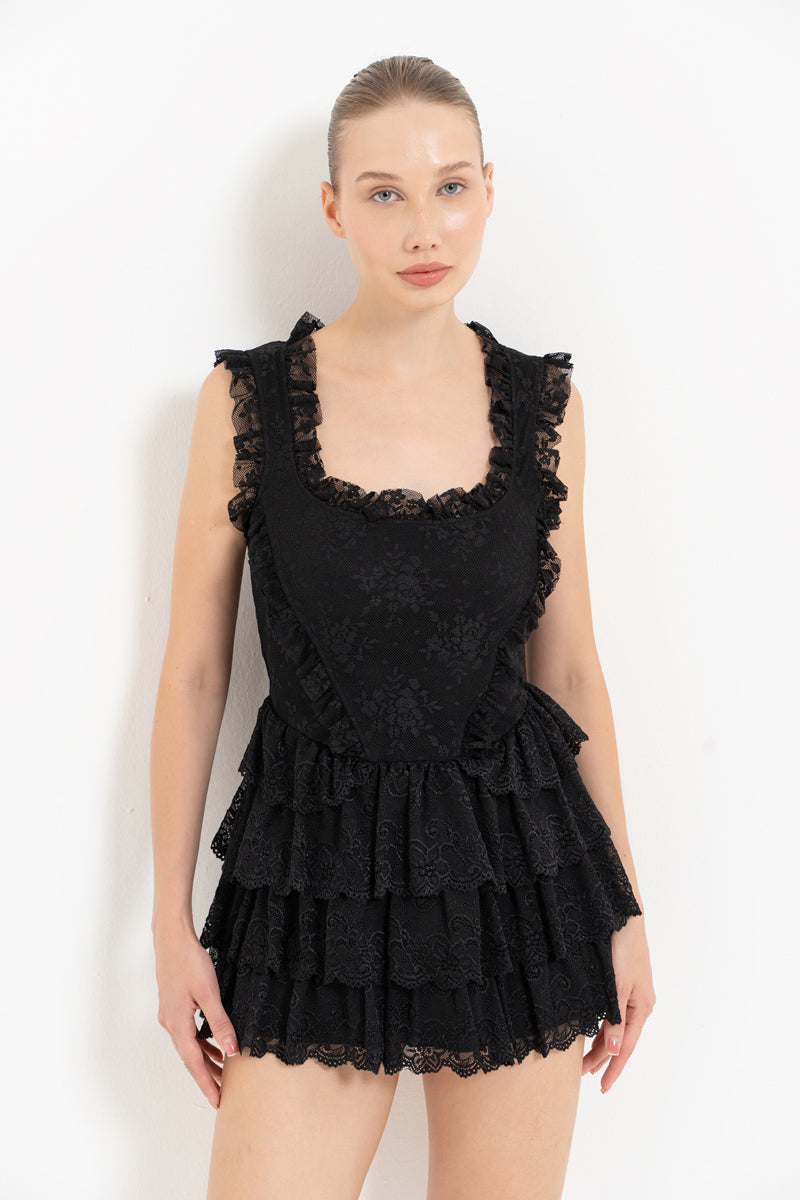 Black Sleeveless Ruffled Lace Mini Dress