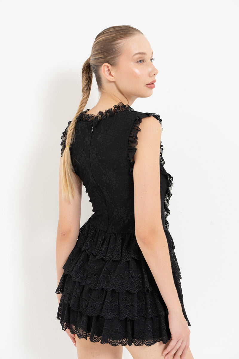 Black Sleeveless Ruffled Lace Mini Dress