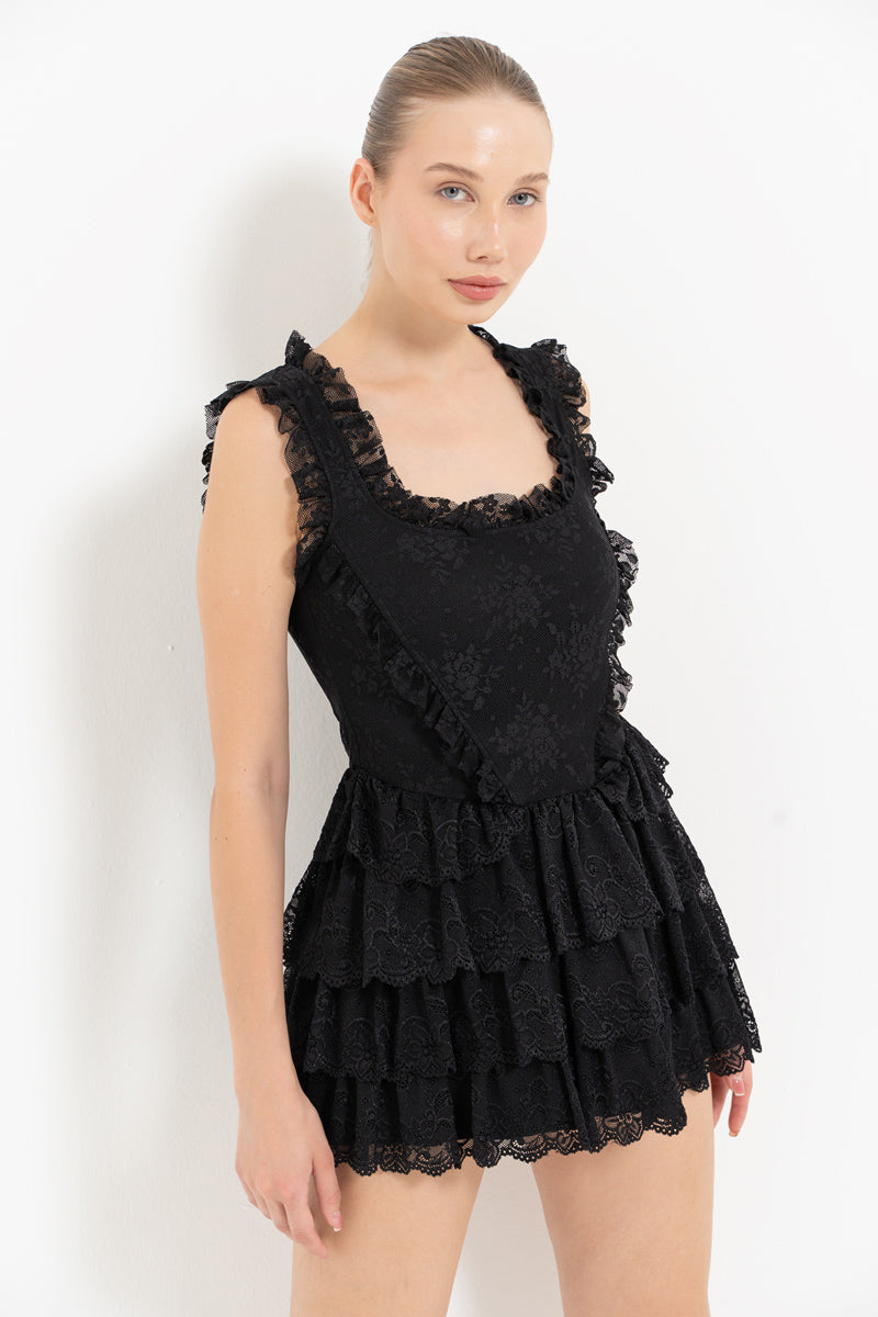 Black Sleeveless Ruffled Lace Mini Dress