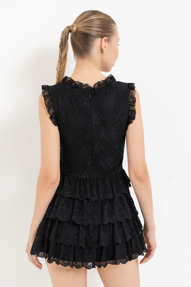 Black Sleeveless Ruffled Lace Mini Dress