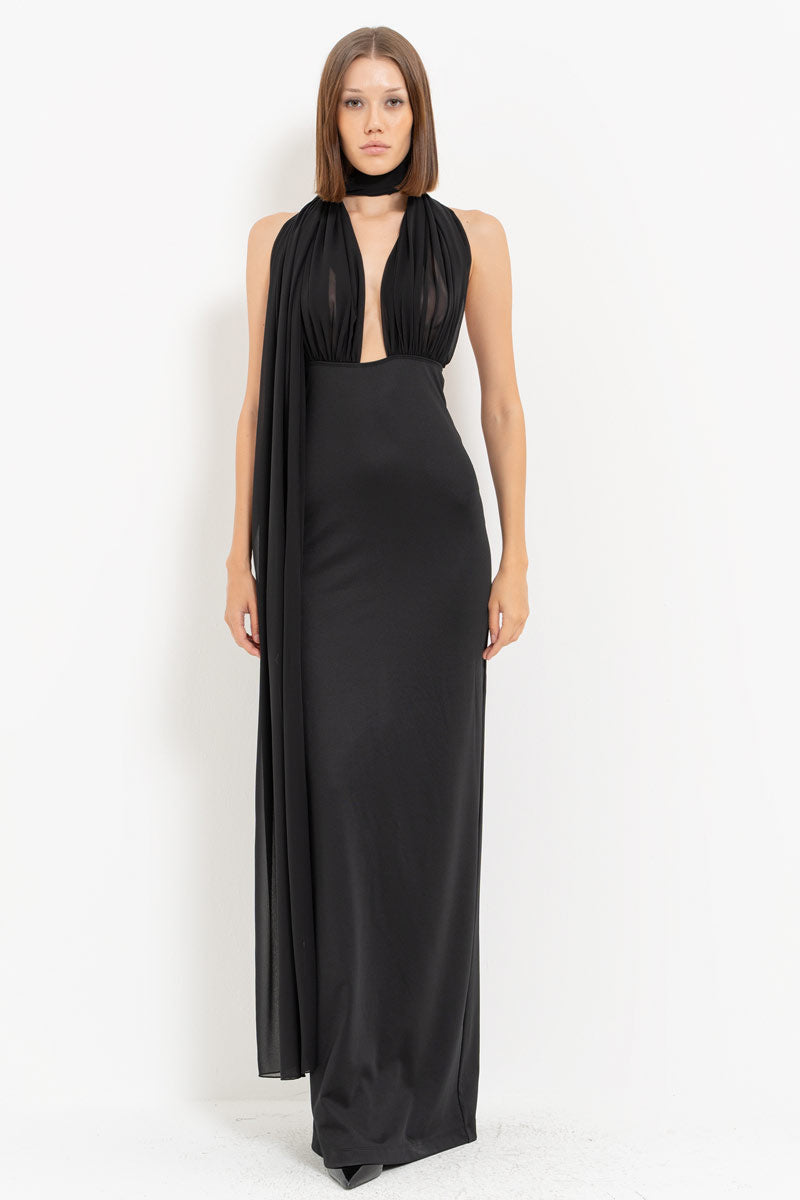 Black Yoke Tie Detail Slit Maxi Dress