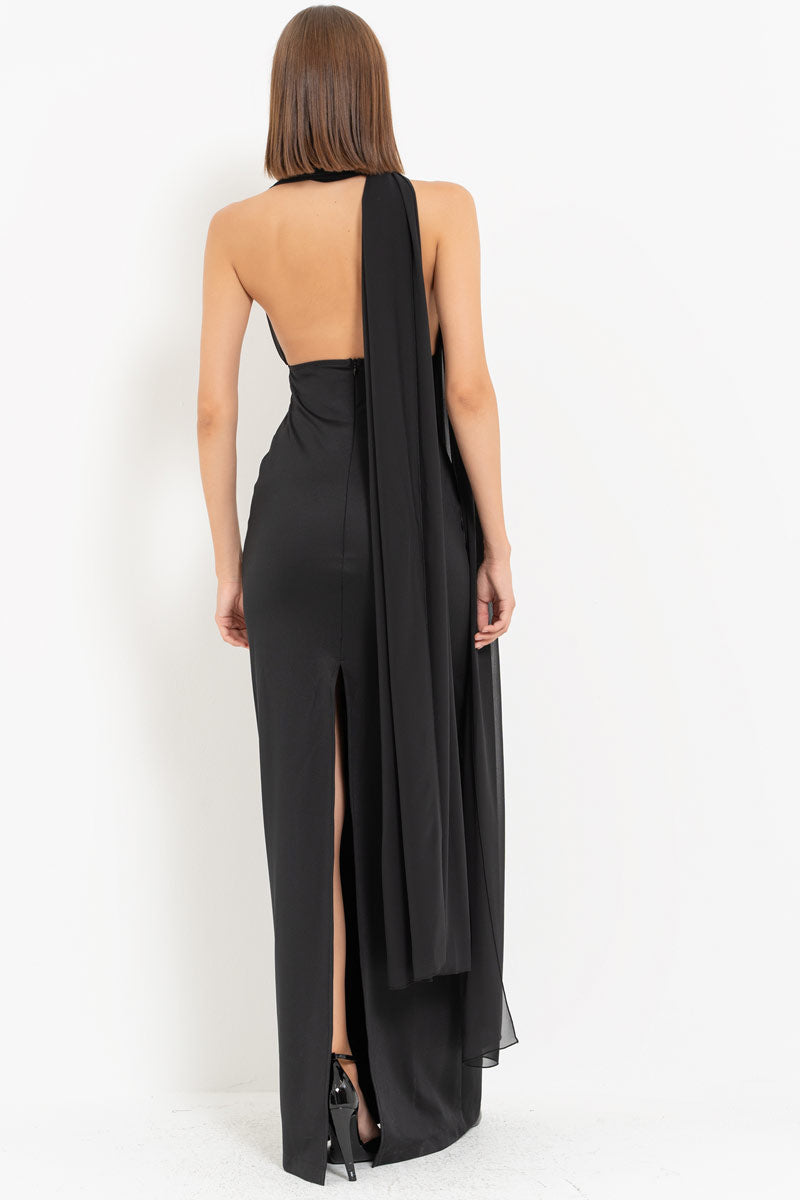 Black Yoke Tie Detail Slit Maxi Dress