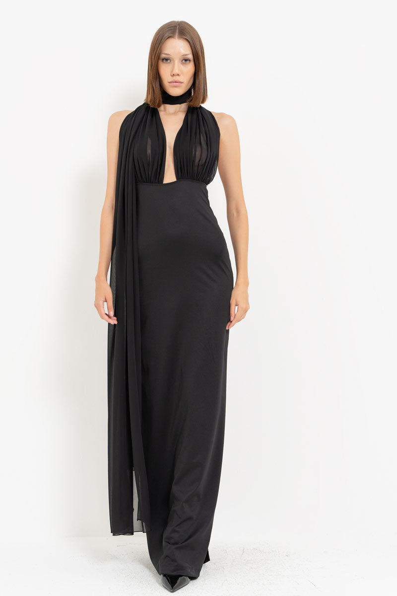 Black Yoke Tie Detail Slit Maxi Dress