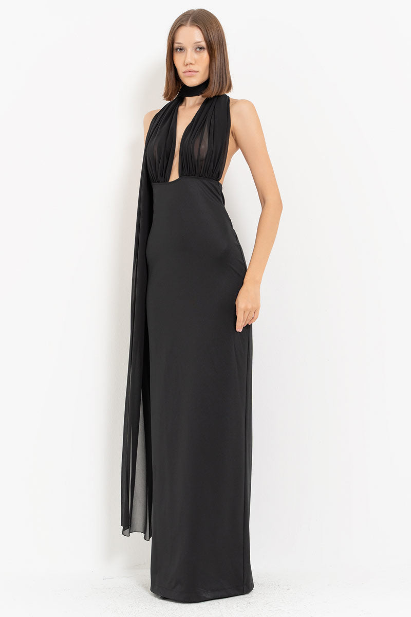 Black Yoke Tie Detail Slit Maxi Dress