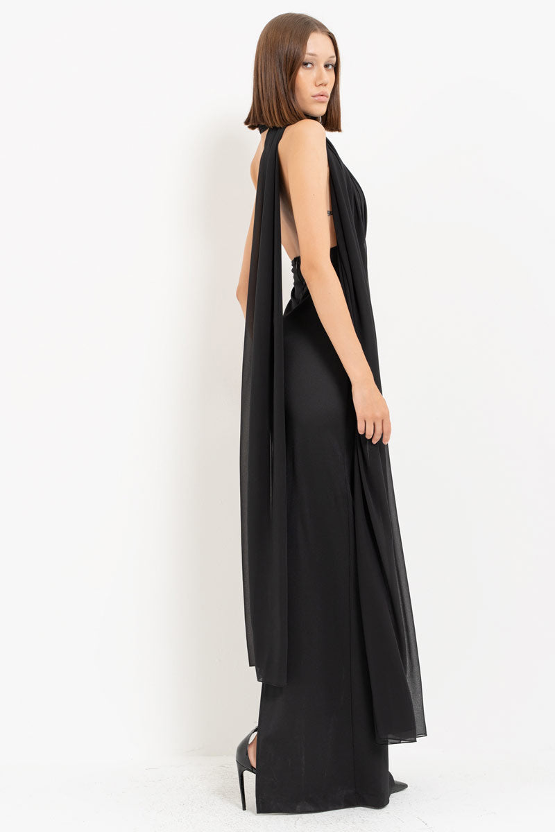 Black Yoke Tie Detail Slit Maxi Dress