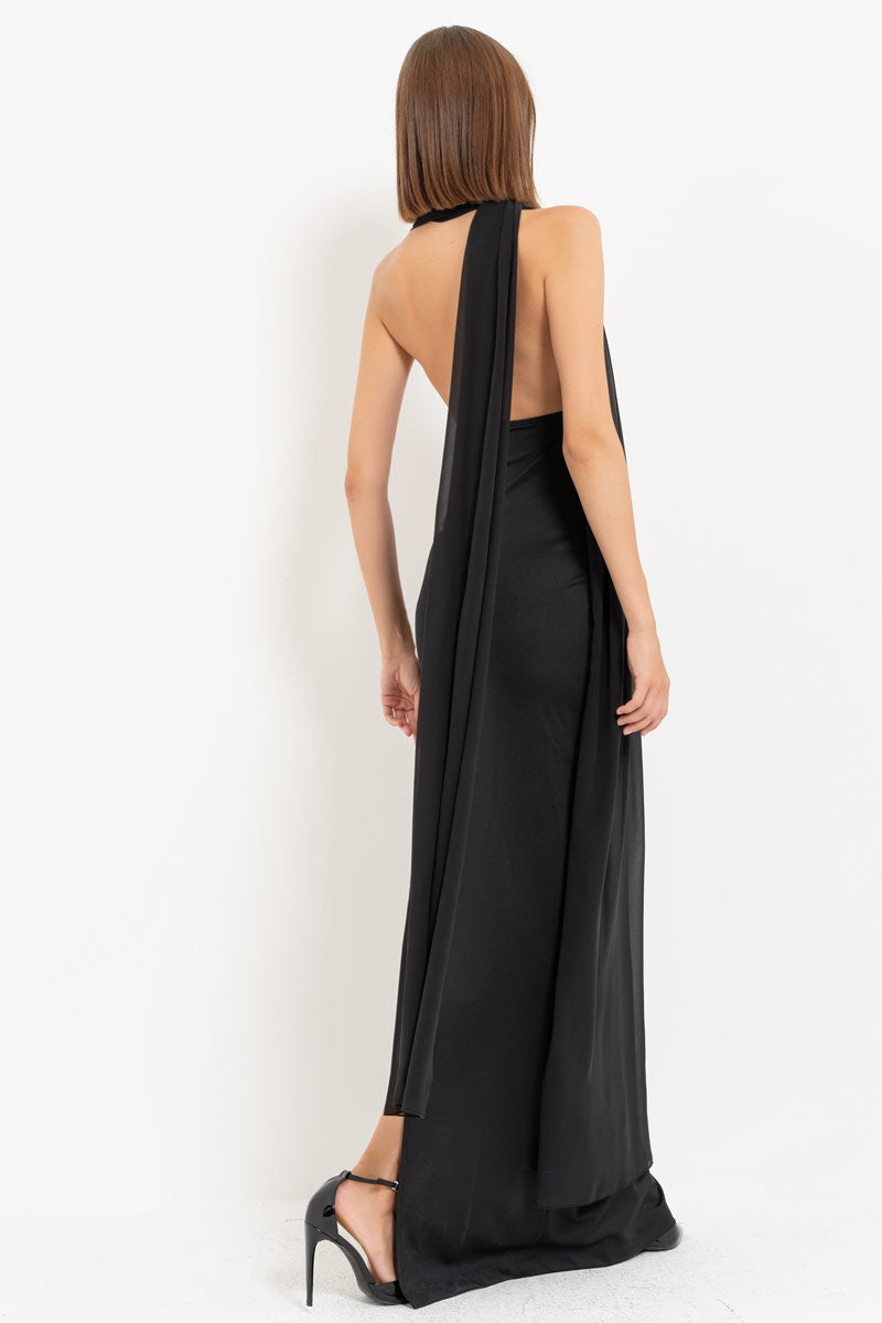 Black Yoke Tie Detail Slit Maxi Dress