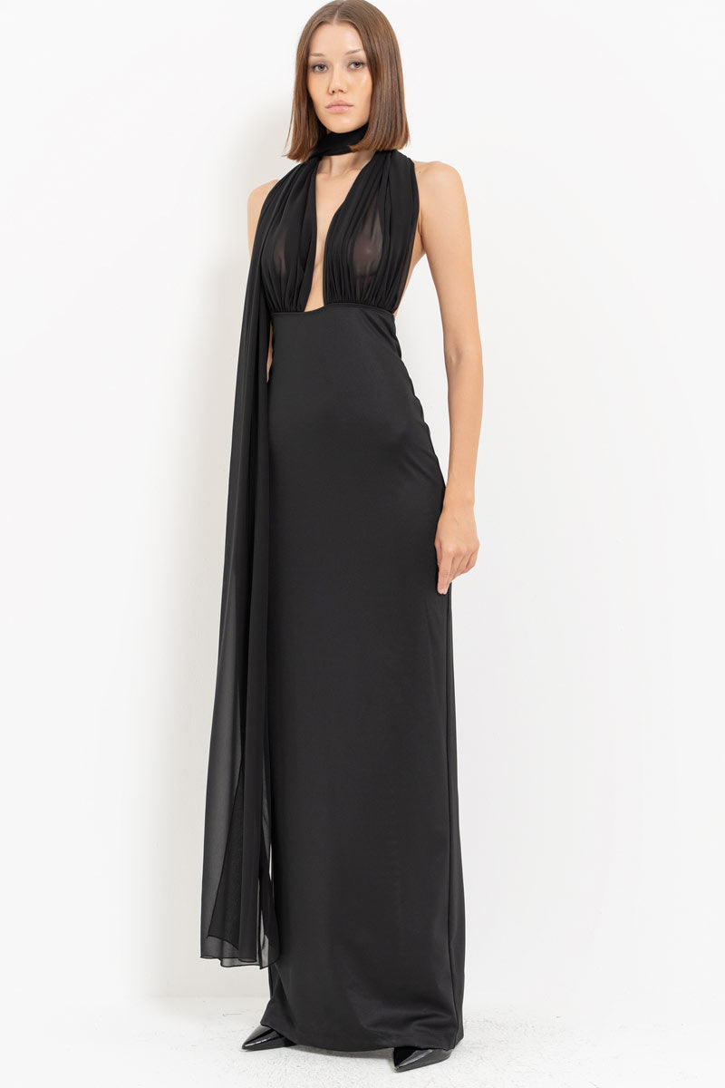 Black Yoke Tie Detail Slit Maxi Dress