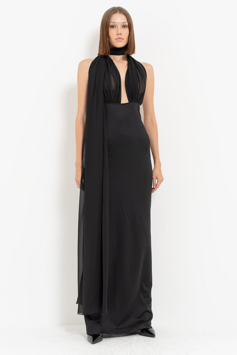 Black Yoke Tie Detail Slit Maxi Dress