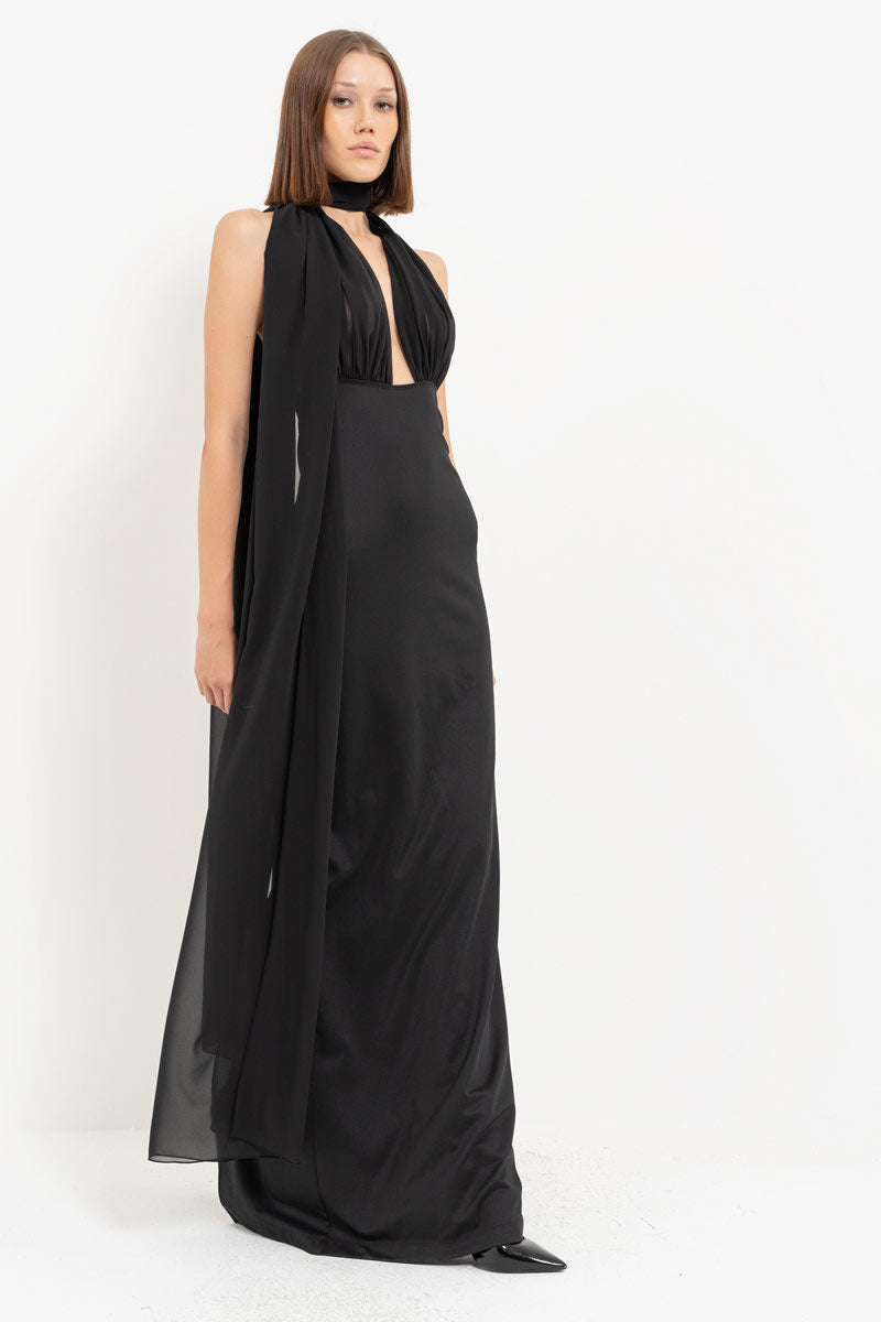 Black Yoke Tie Detail Slit Maxi Dress