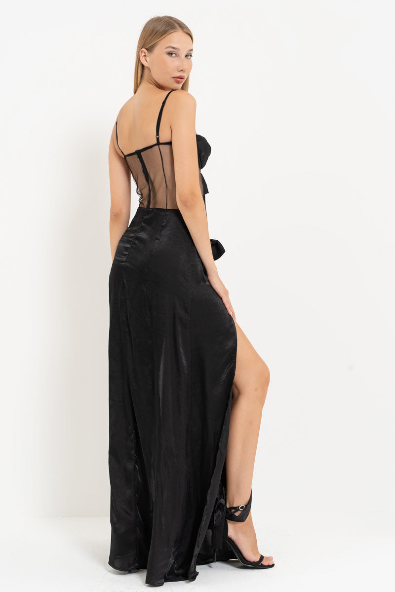 Black Bow Detail Slit Dress