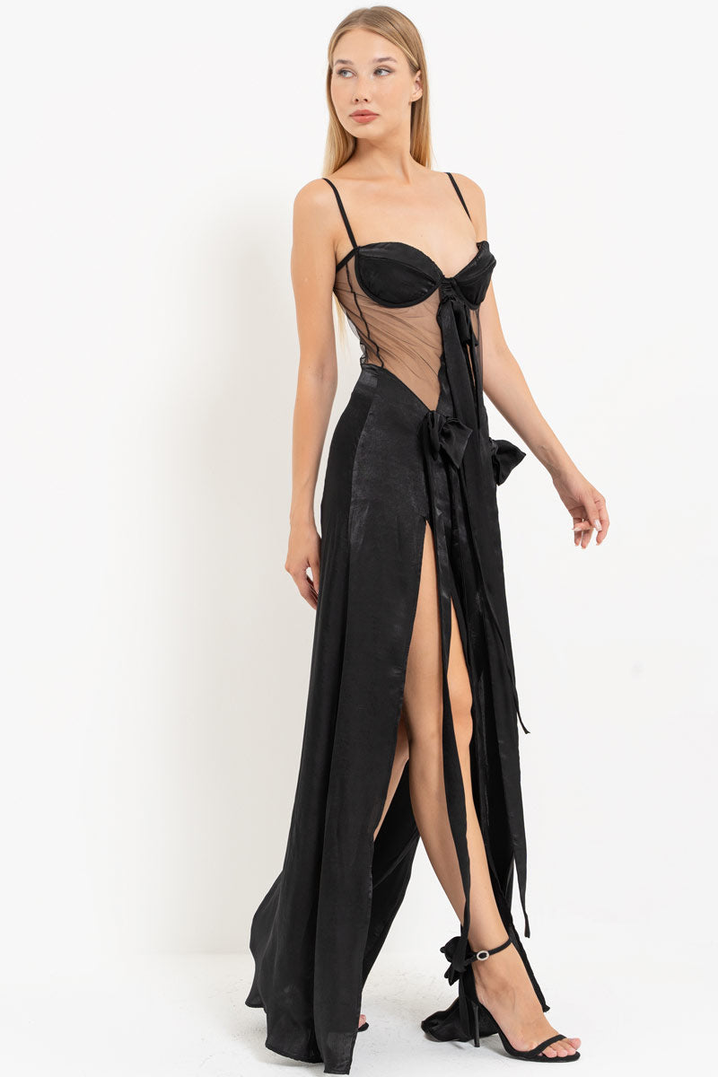 Black Bow Detail Slit Dress