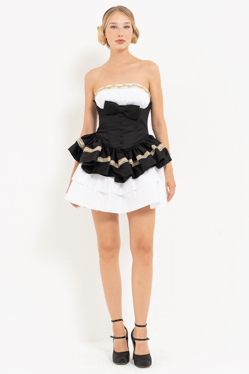 Off-White & Black Tiered Ruffle Bow Strapless Mini Dress