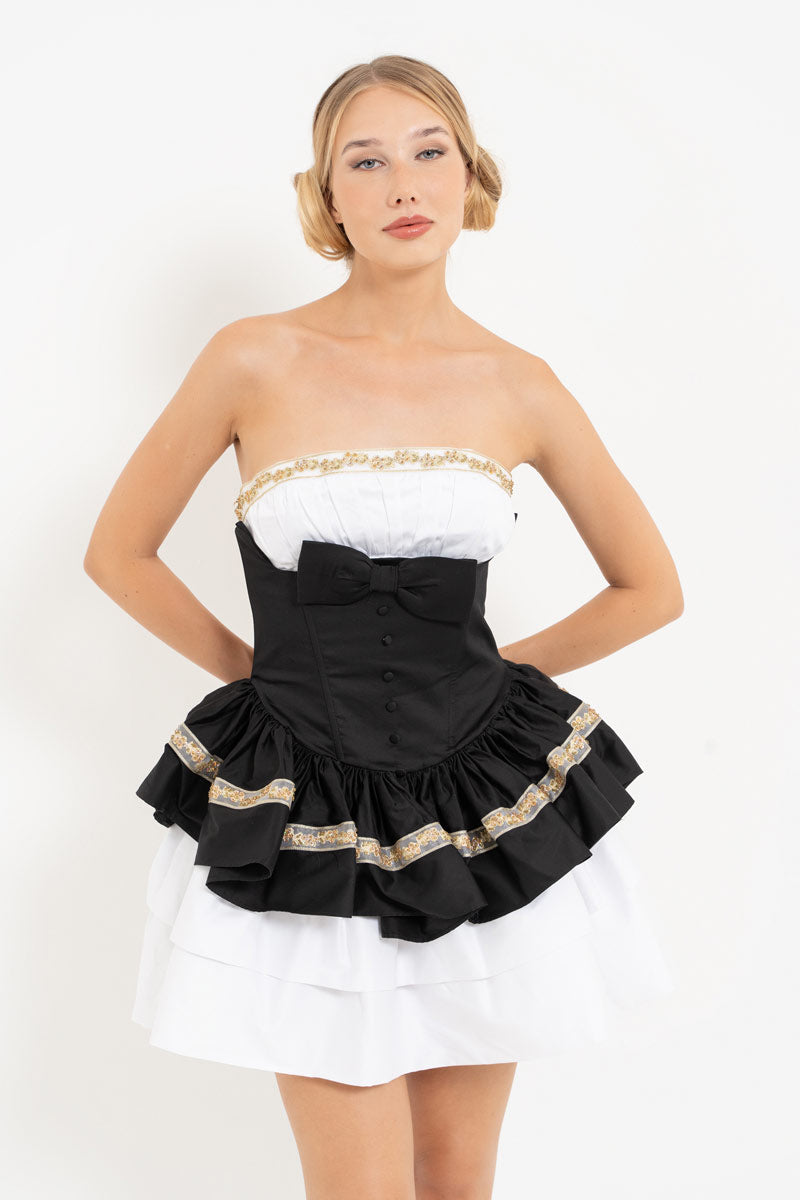Off-White & Black Tiered Ruffle Bow Strapless Mini Dress