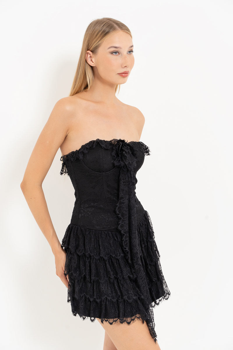 Black Lace Strapless Mini Dress
