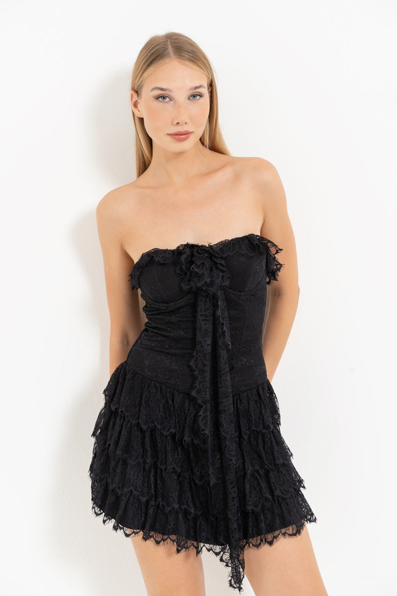 Black Lace Strapless Mini Dress