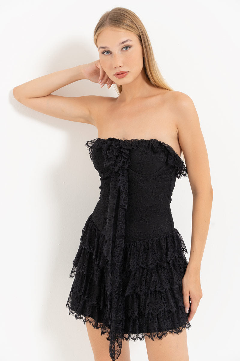 Black Lace Strapless Mini Dress