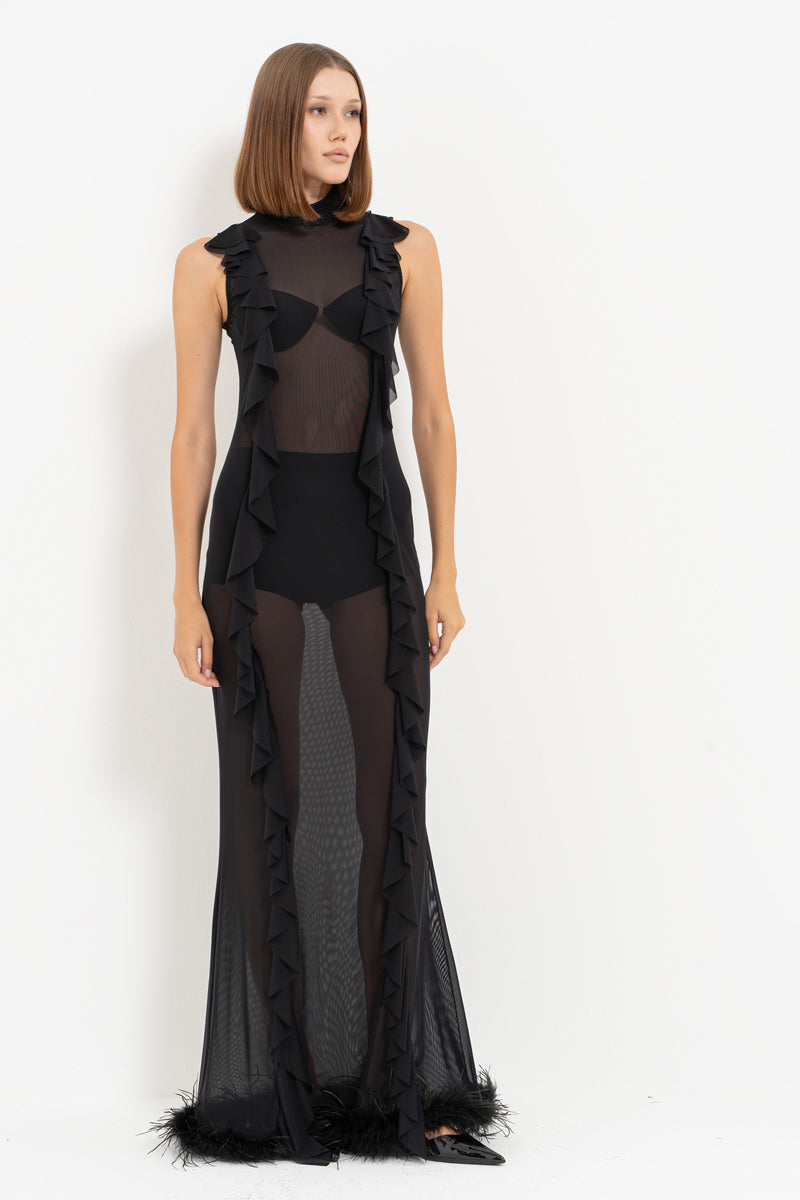 Black Feather Detail Maxi Tulle Dress