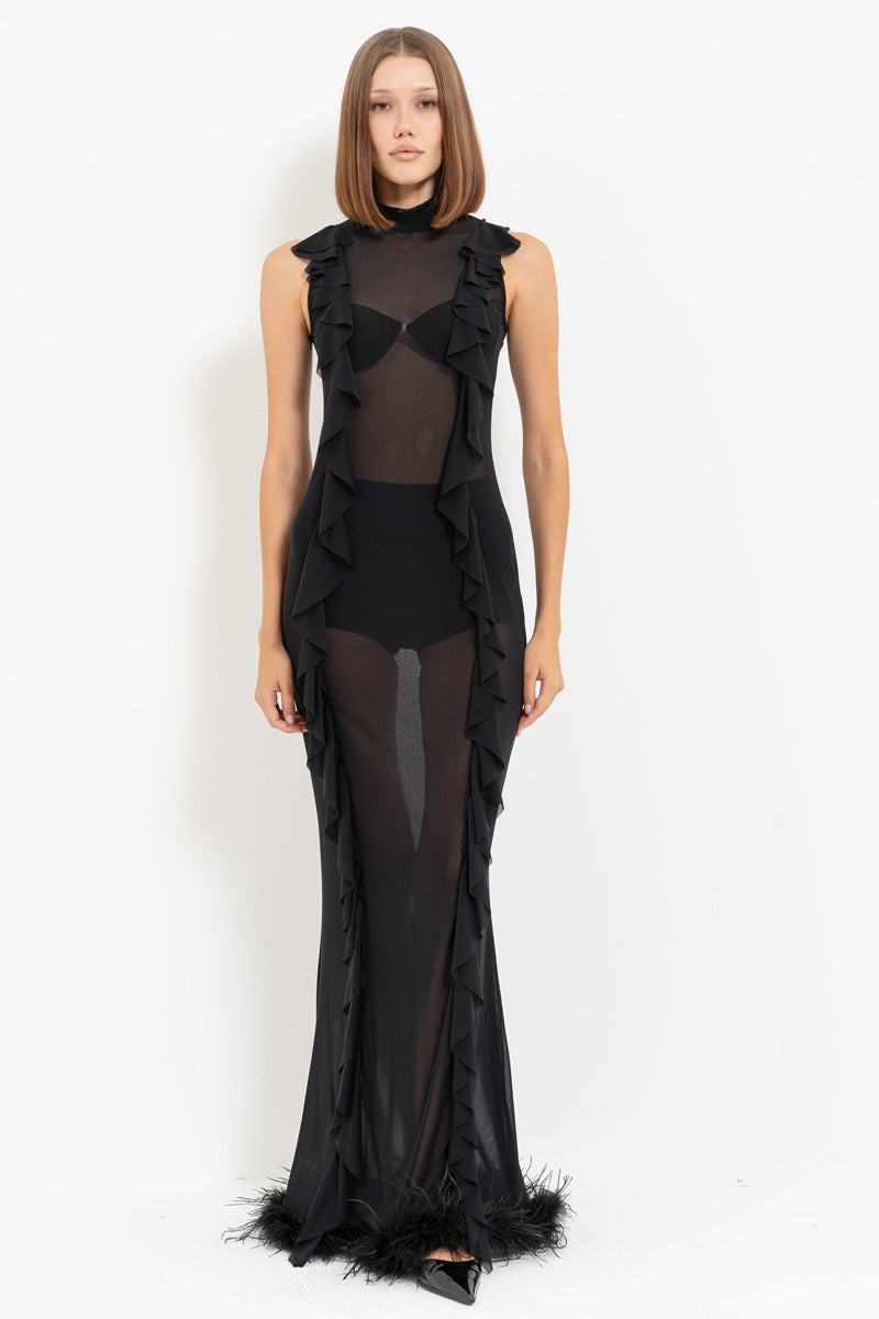 Black Feather Detail Maxi Tulle Dress