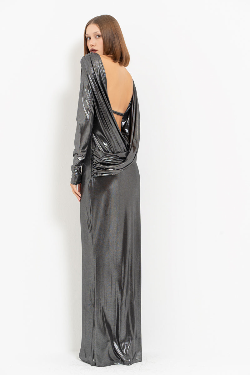 Silver Open-Back Long Sleeve Shimmer Dress